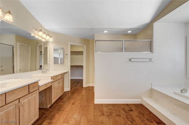 Bathroom, Dual Sink Vanities, Interior, Recessed Lighting, Wood Texture Flooring
