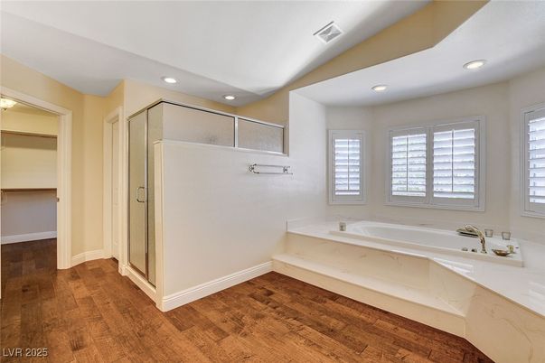 Bathroom, Glass Shower, Interior, Recessed Lighting, Wood Texture Flooring