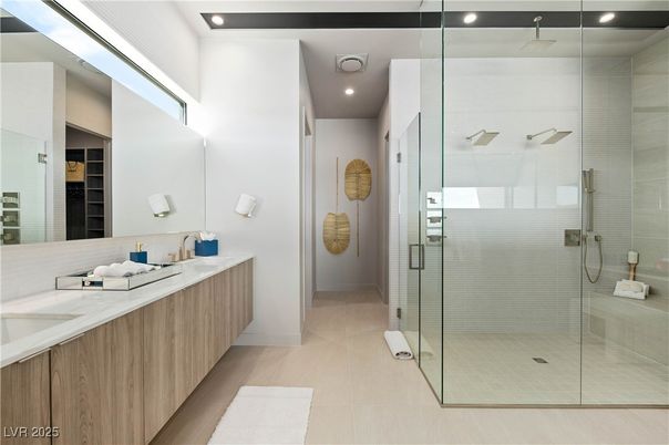 Bathroom, Dual Sink Vanities, Glass Shower, Interior, Recessed Lighting