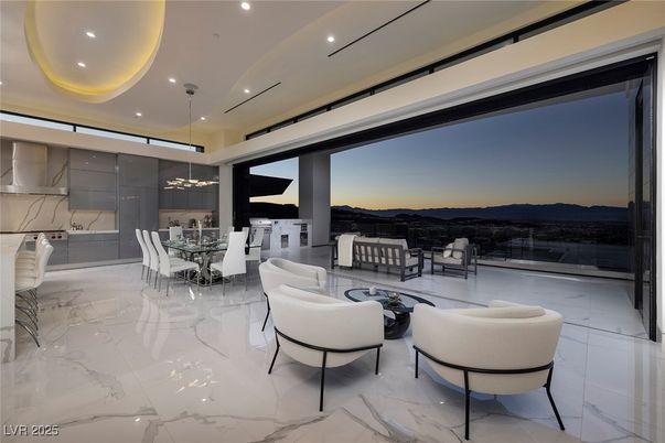 Dining room, Interior, Living room, Marble, Pendant Lights, Recessed Lighting