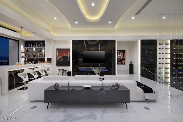 Interior, Living room, Marble, Pendant Lights, Recessed Lighting, Wine Storage