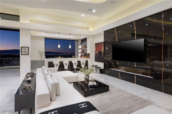 Fireplace, Interior, Living room, Marble, Pendant Lights, Recessed Lighting