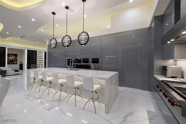 Interior, Kitchen, Marble, Pendant Lights, Recessed Lighting, Stainless Steel Appliances