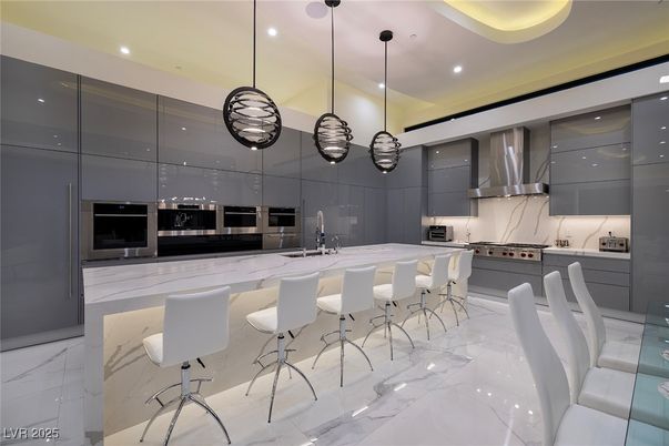 Interior, Kitchen, Marble, Pendant Lights, Recessed Lighting, Stainless Steel Appliances