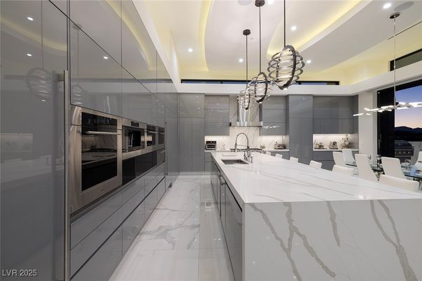 Dining room, Interior, Kitchen, Marble, Pendant Lights, Recessed Lighting, Stainless Steel Appliances