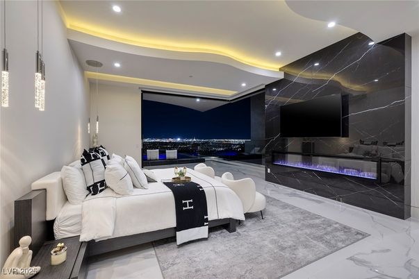 Bedroom, Fireplace, Interior, Marble, Marble Walls, Pendant Lights, Recessed Lighting