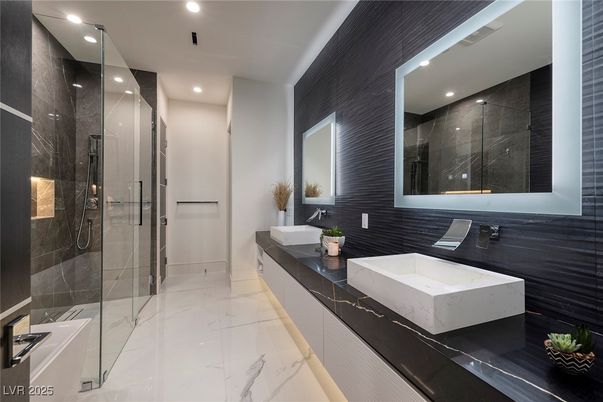 Bathroom, Dual Sink Vanities, Glass Shower, Interior, Marble, Recessed Lighting