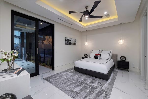 Bedroom, Interior, Marble, Pendant Lights, Recessed Lighting