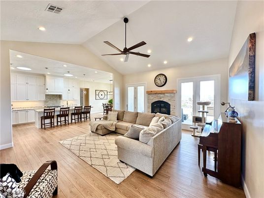 Dining room, Fireplace, Interior, Kitchen, Living room, Pendant Lights, Recessed Lighting, Wood Texture Flooring