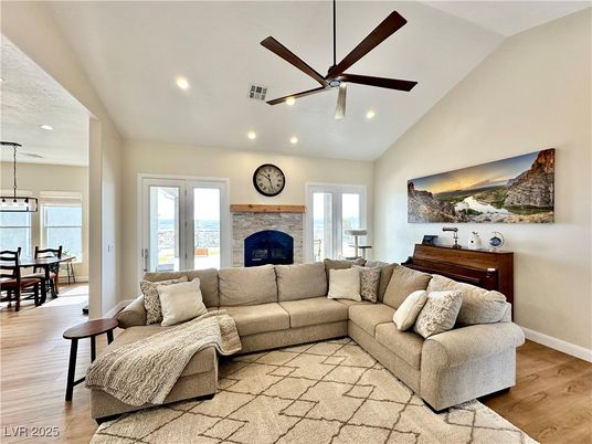Dining room, Fireplace, Interior, Living room, Pendant Lights, Recessed Lighting, Wood Texture Flooring