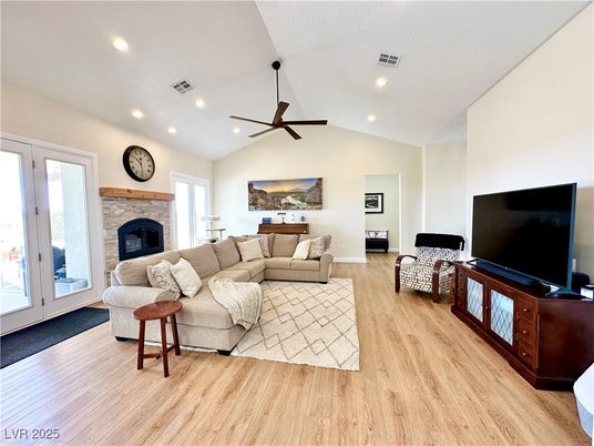 Fireplace, Interior, Living room, Recessed Lighting, Wood Texture Flooring