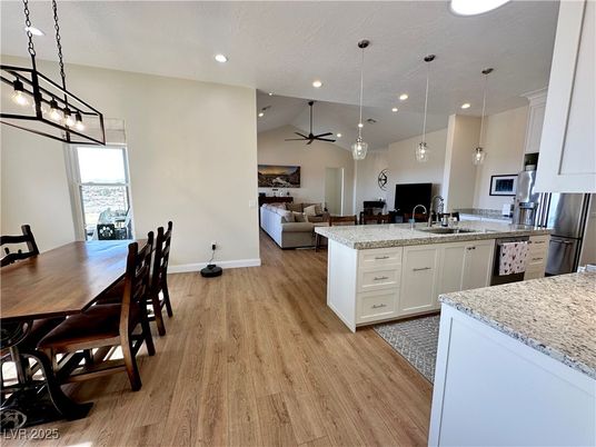 Dining room, Interior, Kitchen, Living room, Pendant Lights, Recessed Lighting, Wood Texture Flooring