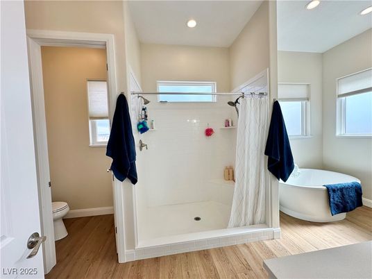 Bathroom, Free Standing Baths, Interior, Recessed Lighting, Wood Texture Flooring