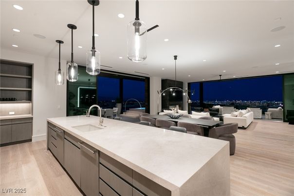 Interior, Kitchen, Living room, Pendant Lights, Recessed Lighting, Wood Texture Flooring