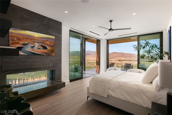 Bedroom, Fireplace, Interior, Recessed Lighting, Wood Texture Flooring