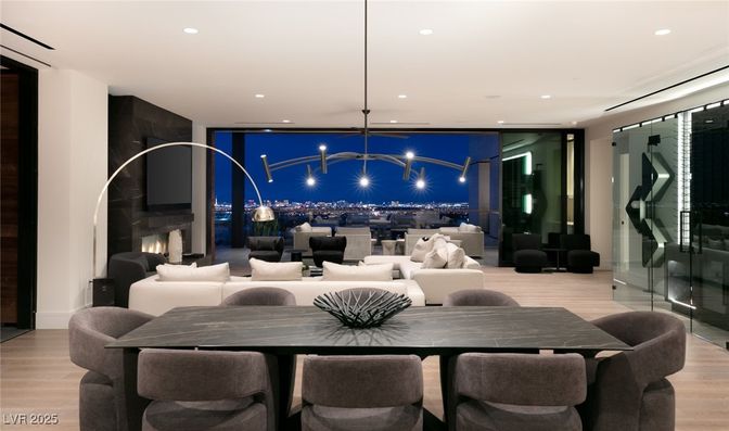 Dining room, Fireplace, Interior, Living room, Pendant Lights, Recessed Lighting, Wood Texture Flooring