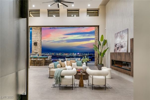 Fireplace, Interior, Living room, Recessed Lighting, Stone Walls