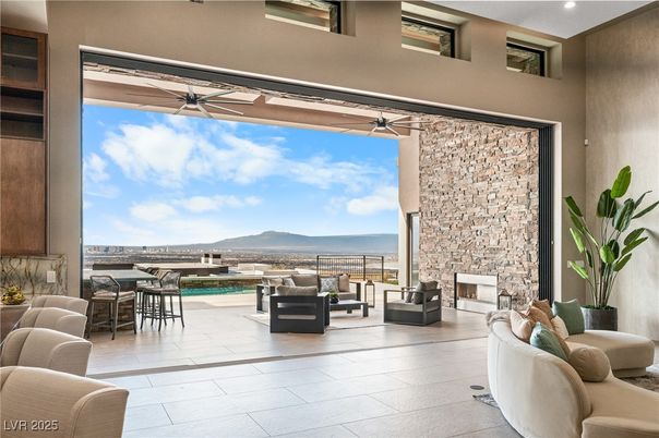 Fireplace, Interior, Living room, Recessed Lighting, Stone Walls