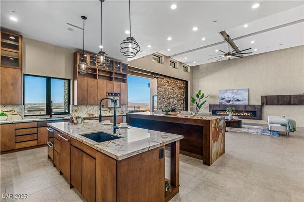 Fireplace, Interior, Kitchen, Living room, Pendant Lights, Recessed Lighting