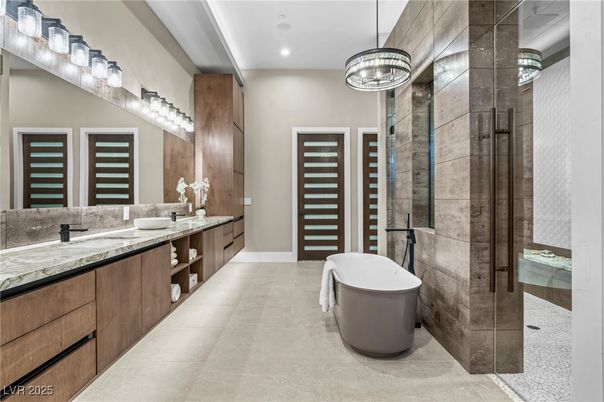 Bathroom, Dual Sink Vanities, Free Standing Baths, Glass Shower, Interior, Pendant Lights, Recessed Lighting