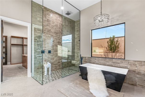 Bathroom, Free Standing Baths, Glass Shower, Interior, Pendant Lights, Recessed Lighting