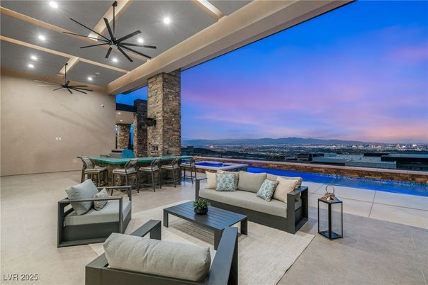 Dining room, Interior, Living room, Pendant Lights, Pool, Recessed Lighting, Stone Walls