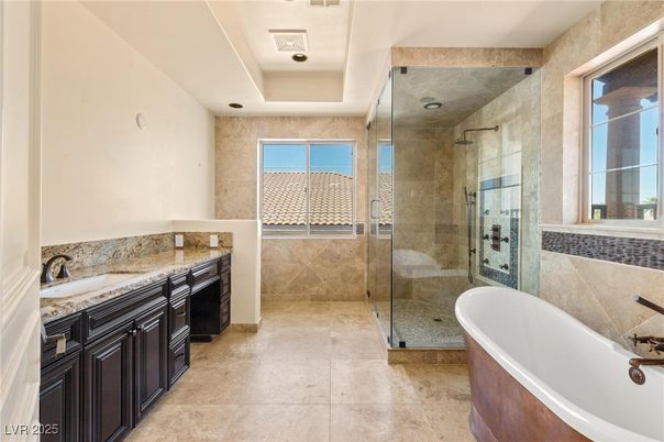 Bathroom, Dual Sink Vanities, Free Standing Baths, Glass Shower, Interior, Recessed Lighting