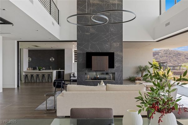 Fireplace, Interior, Living room, Marble Walls, Pendant Lights, Wood Texture Flooring