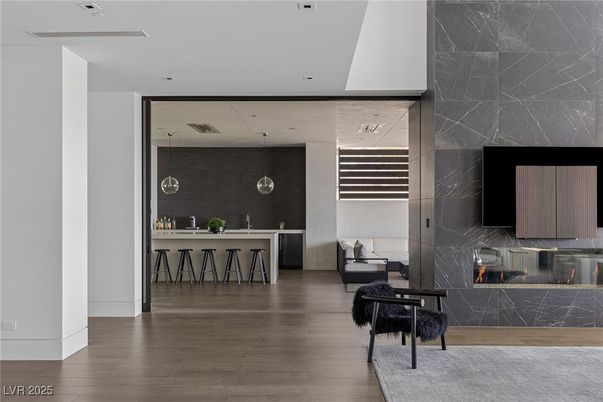Interior, Marble Walls, Pendant Lights, Recessed Lighting, Wood Texture Flooring