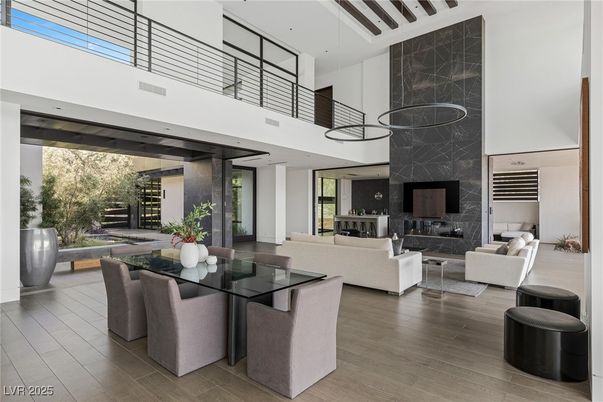 Dining room, Fireplace, Interior, Living room, Pendant Lights, Wood Texture Flooring
