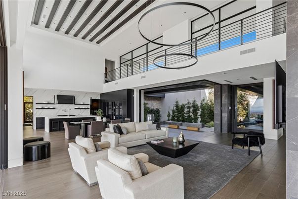Interior, Kitchen, Living room, Marble Walls, Pendant Lights, Wood Texture Flooring