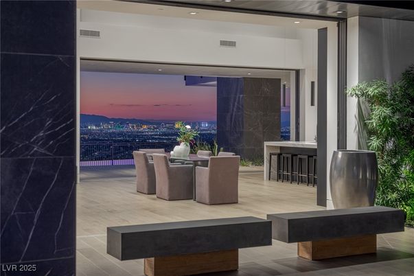 Dining room, Interior, Marble Walls, Recessed Lighting, Wood Texture Flooring