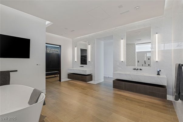 Bathroom, Dual Sink Vanities, Free Standing Baths, Interior, Recessed Lighting, Wood Texture Flooring