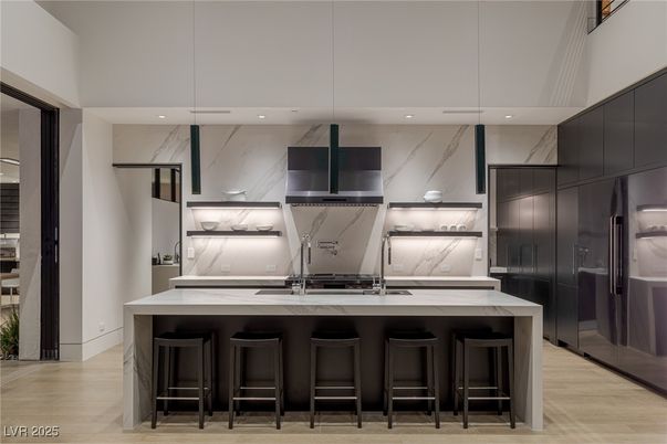 Interior, Kitchen, Marble Walls, Recessed Lighting, Wood Texture Flooring