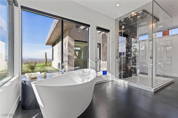 Bathroom, Free Standing Baths, Glass Shower, Interior, Recessed Lighting, Wood Texture Flooring