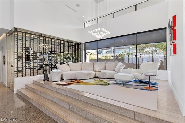 Interior, Living room, Pendant Lights, Recessed Lighting, Wine Storage, Wood Texture Flooring