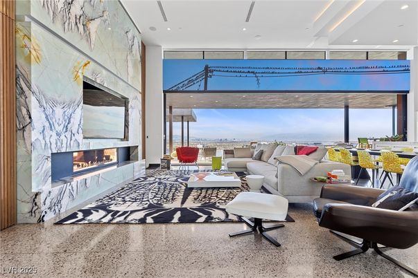 Fireplace, Interior, Living room, Marble Walls, Recessed Lighting