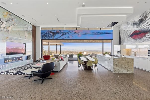 Dining room, Fireplace, Interior, Kitchen, Living room, Marble Walls, Recessed Lighting