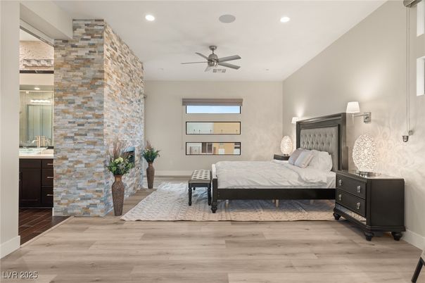 Bedroom, Interior, Recessed Lighting, Stone Walls, Wood Texture Flooring