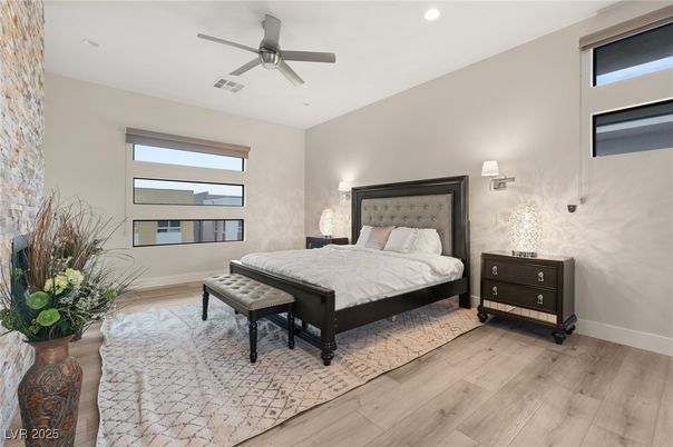 Bedroom, Interior, Recessed Lighting, Wood Texture Flooring