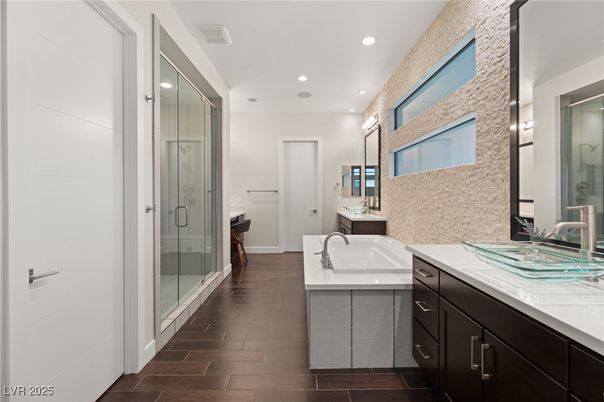 Bathroom, Dual Sink Vanities, Glass Shower, Interior, Recessed Lighting, Wood Texture Flooring