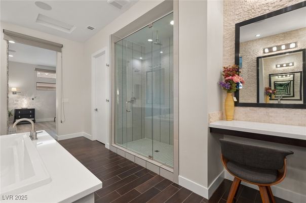 Bathroom, Glass Shower, Interior, Recessed Lighting, Wood Texture Flooring