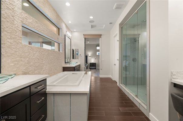 Bathroom, Glass Shower, Interior, Recessed Lighting, Wood Texture Flooring
