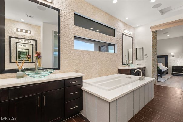 Bathroom, Bedroom, Dual Sink Vanities, Interior, Recessed Lighting, Wood Texture Flooring