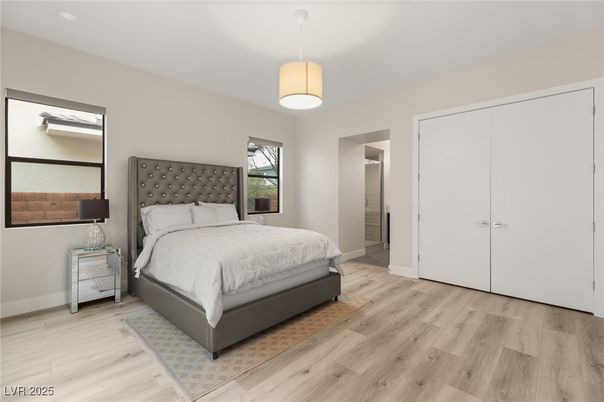 Bedroom, Interior, Pendant Lights, Wood Texture Flooring
