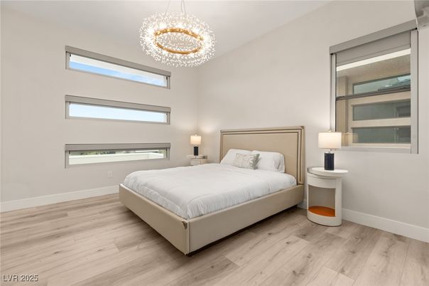 Bedroom, Chandelier, Interior, Wood Texture Flooring