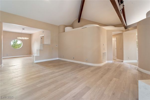 Empty room, Interior, Pendant Lights, Wooden Beams, Wood Texture Flooring
