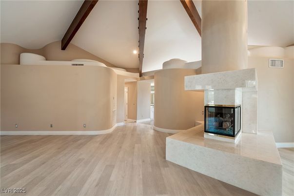 Fireplace, Interior, Recessed Lighting, Wooden Beams, Wood Texture Flooring