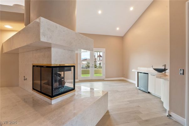 Fireplace, Interior, Recessed Lighting, Wood Texture Flooring