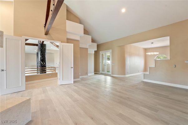 Empty room, Interior, Pendant Lights, Recessed Lighting, Wooden Beams, Wood Texture Flooring
